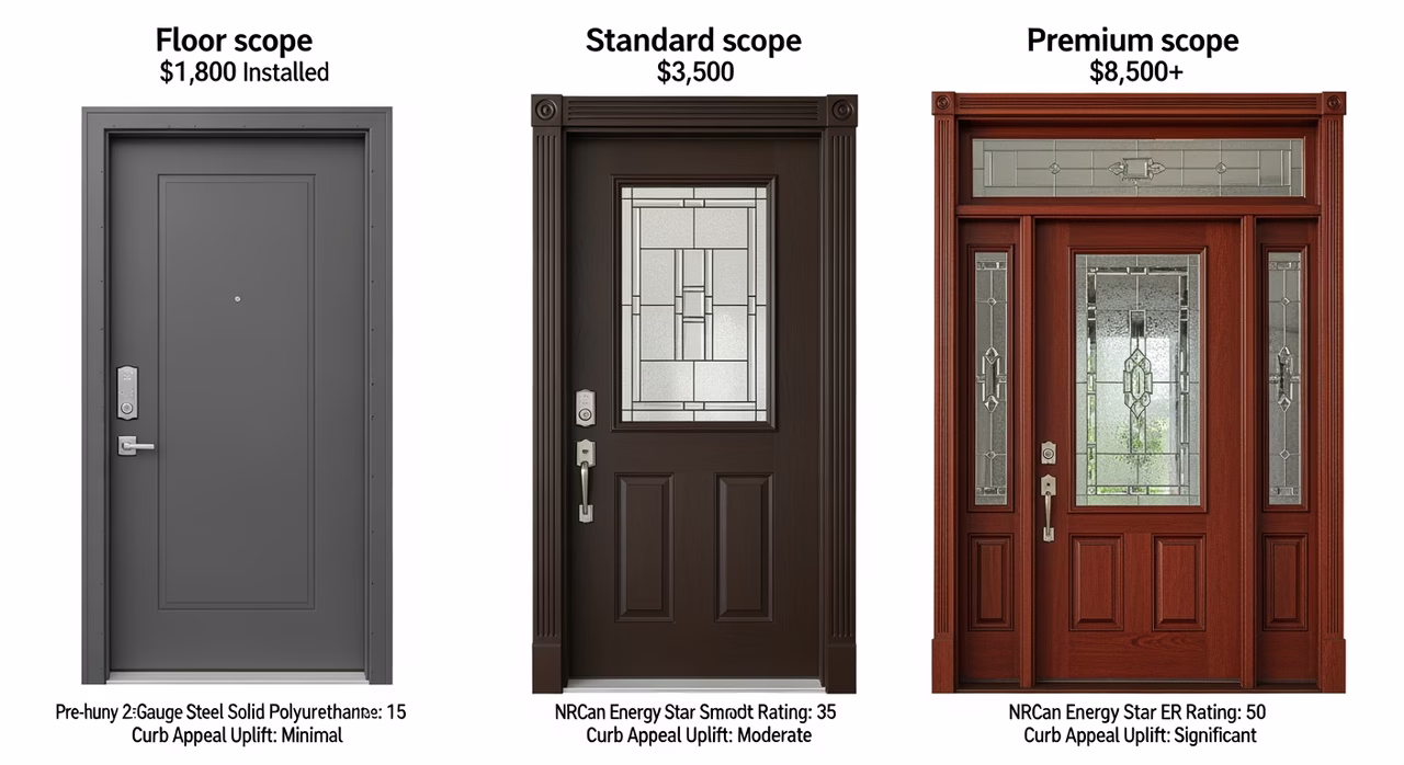 Three Toronto front-door tiers compared: floor Steelcraft 22-gauge steel polyurethane core single Schlage Plymouth at $1,800, standard Therma-Tru Classic Craft fibreglass Energy Star Most Efficient 3/4-lite low-e Schlage Encode at $3,500, premium Simpson Performance Series mahogany double sidelights and transom Mul-T-Lock at $8,500+