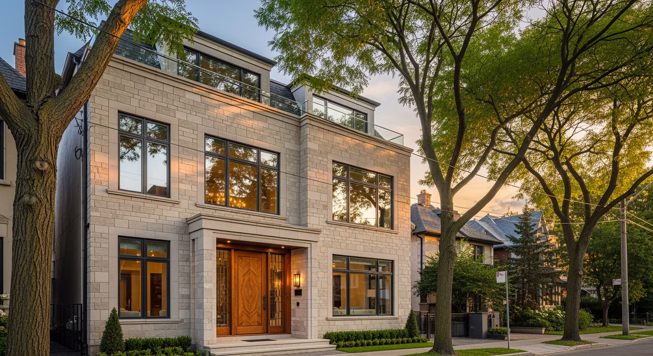Toronto Yorkville 2018-built luxury detached infill home with stone-veneer facade and mature street trees on upper-middle-class urban street at golden hour where premium custom mahogany front-door scopes commonly run $8,500+ and add measurable resale uplift