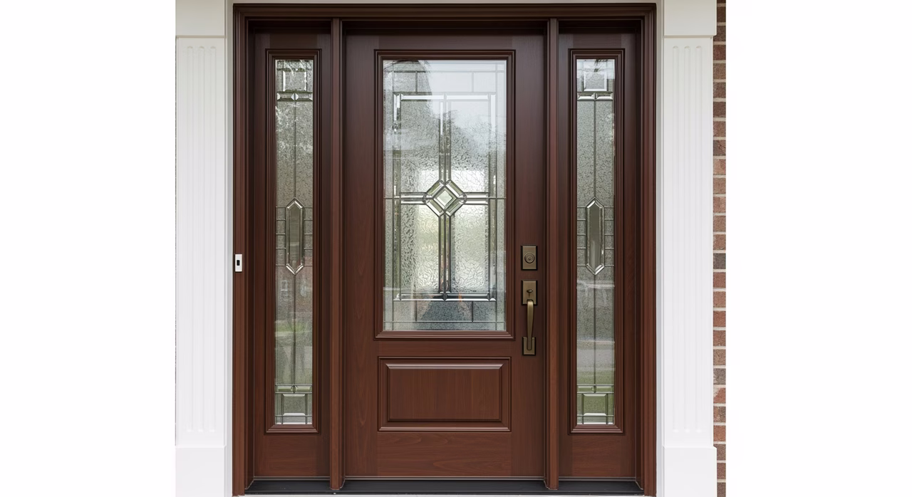 Completed Toronto luxury front-entry with newly-installed Simpson Performance Series mahogany front door in factory-stained dark walnut finish, three-quarter low-e glass insert with decorative leaded pattern, Mul-T-Lock multi-point lock in oil-rubbed bronze, full sidelights with tempered glass, custom brick-mould casing