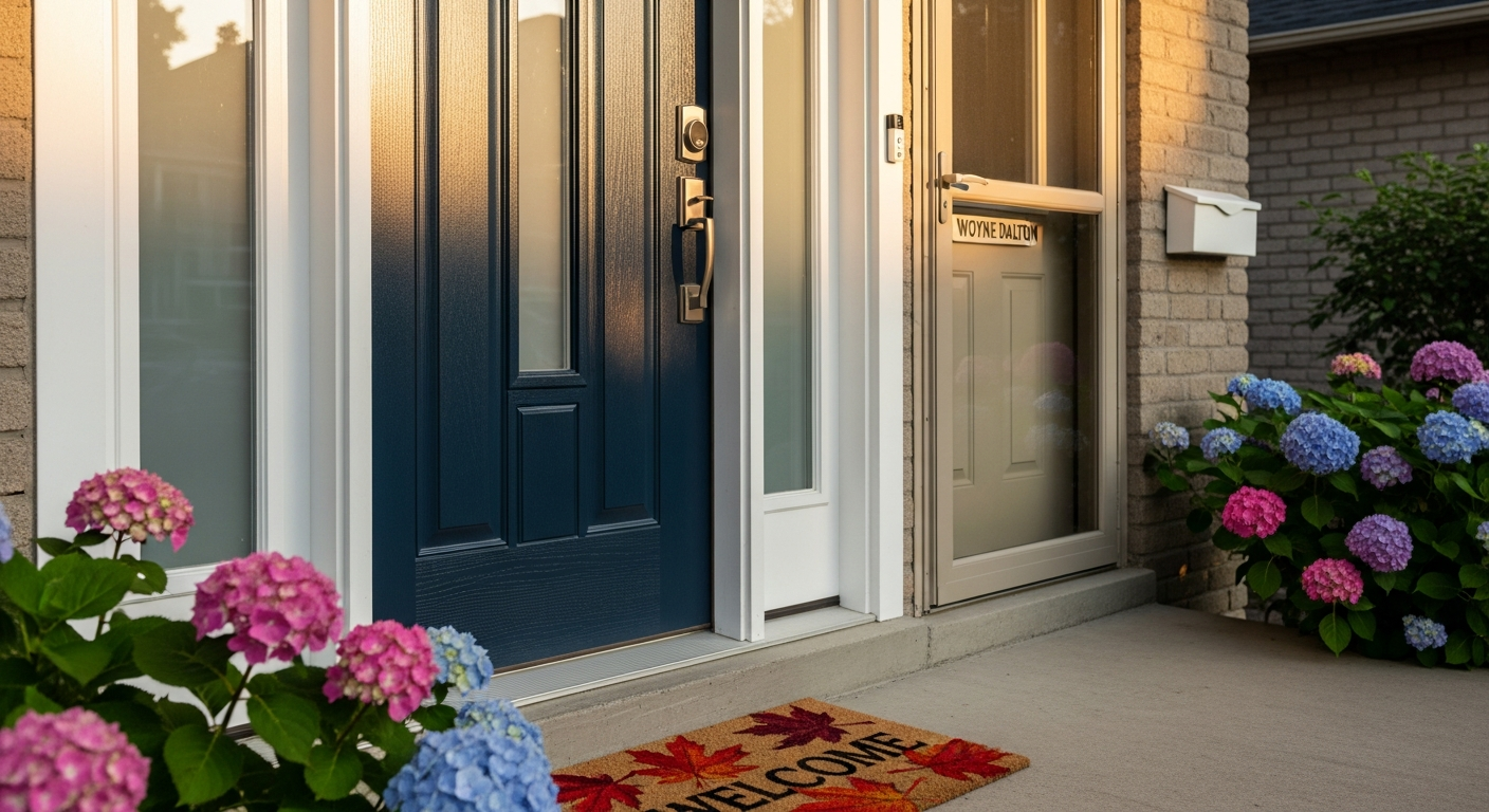 Completed front door replacement work showcasing finishing details in Brock