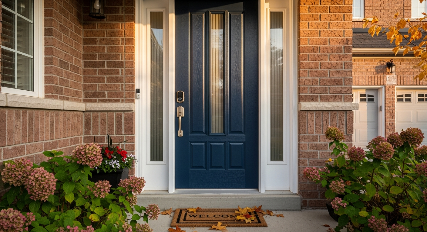 Detail view of a front door replacement job finished in Clarington — expert craftsmanship