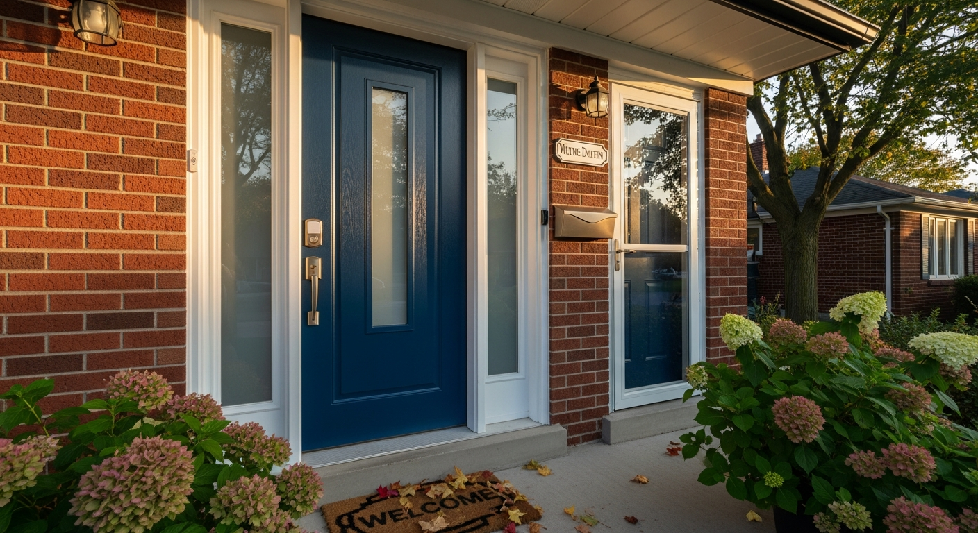 Detail view of a front door replacement job finished in Oshawa — expert craftsmanship
