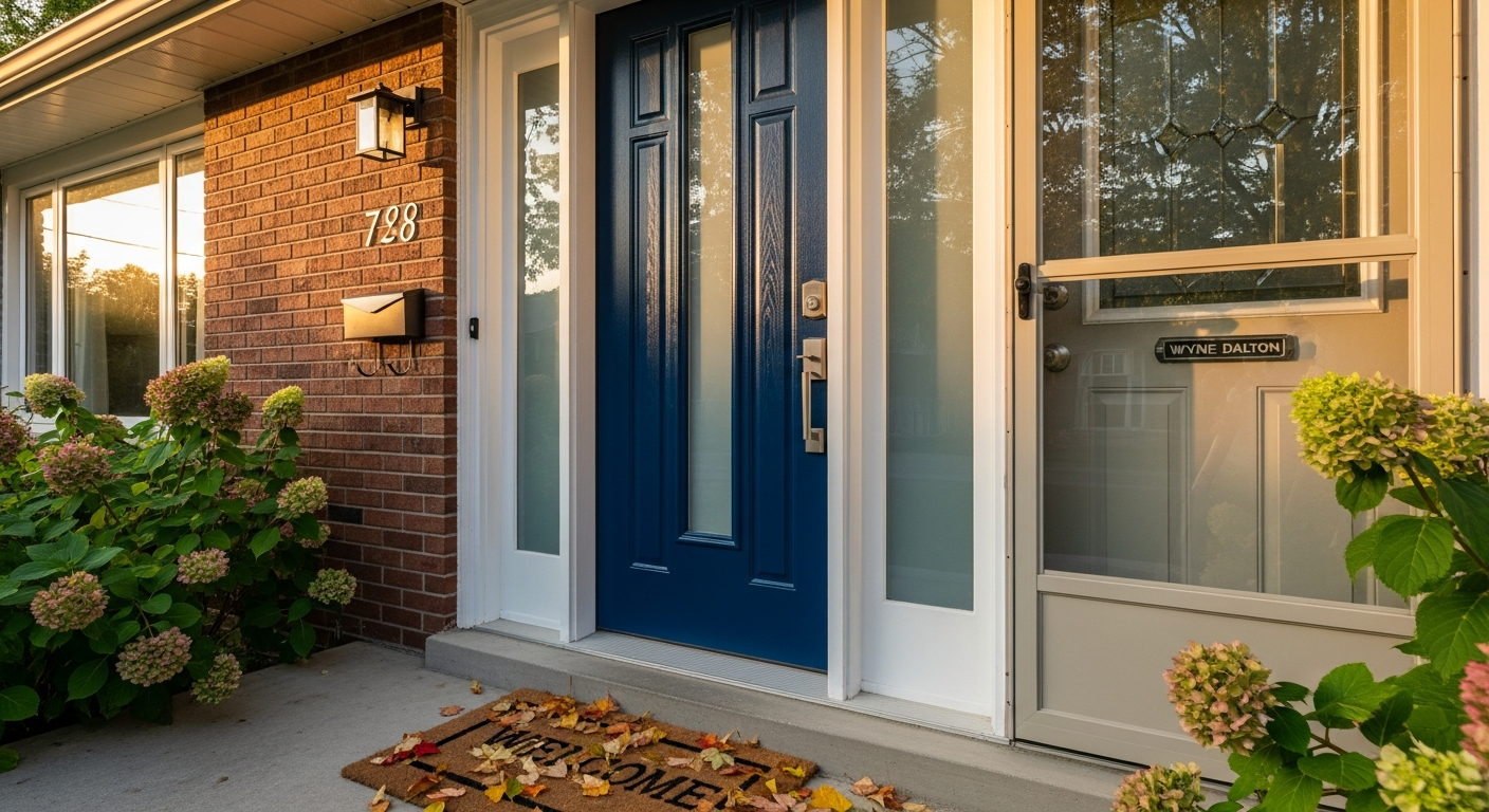 Completed front door replacement work showcasing finishing details in Scarborough