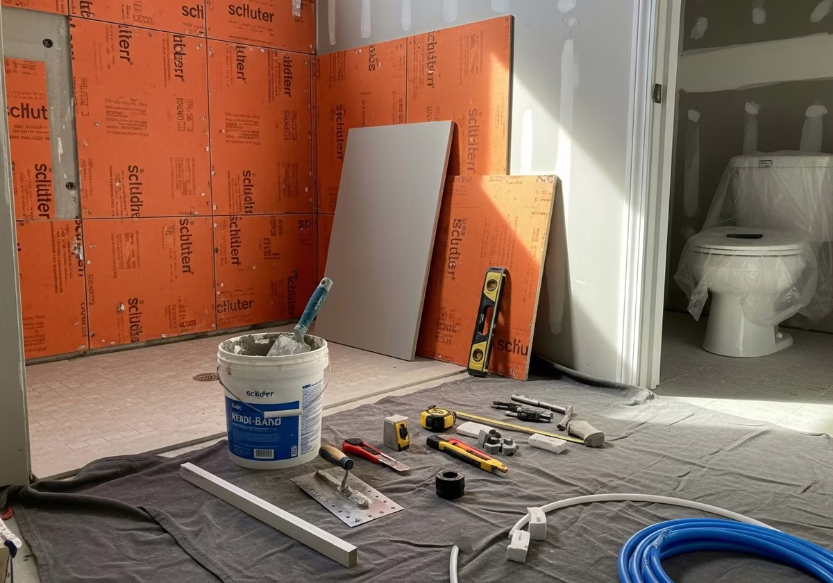 Schluter Shower System Installation tools and materials staged in Toronto home
