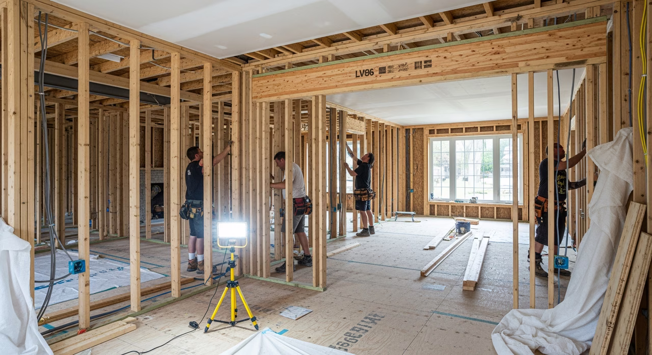 Framing crew installing LVL beam and 2x6 stud walls in Toronto detached home full-gut renovation