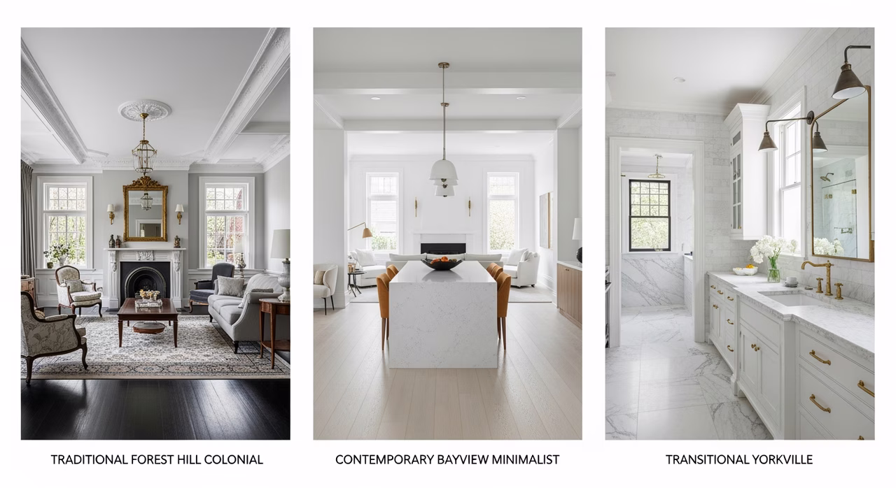 Three Toronto full-home renovation styles compared: traditional Forest Hill, contemporary Bayview, transitional Yorkville