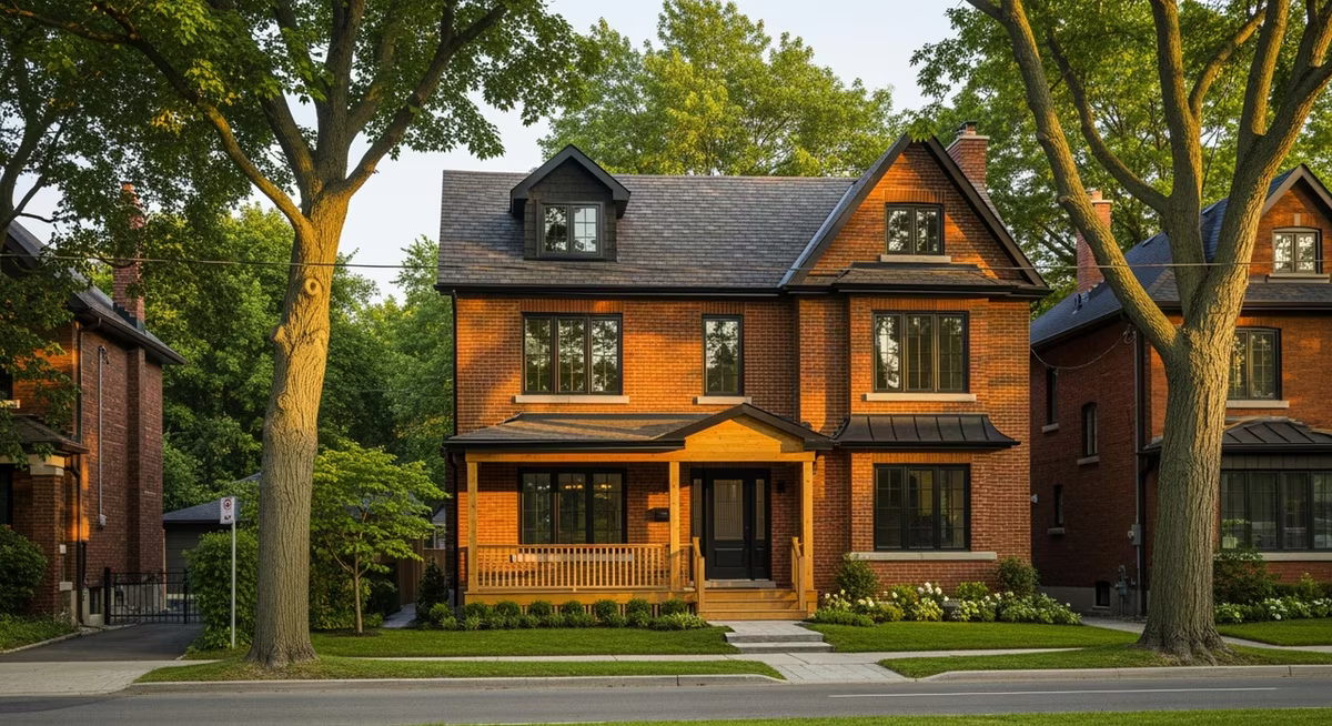 Fully renovated Toronto red-brick two-storey detached home with new windows and refinished porch in Leaside