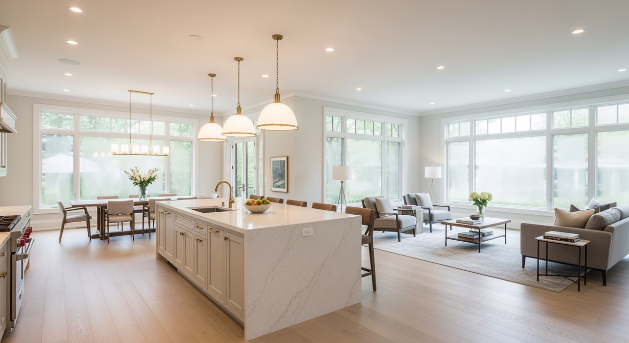 Completed open-concept main floor with white oak hardwood and custom shaker kitchen in Toronto renovation