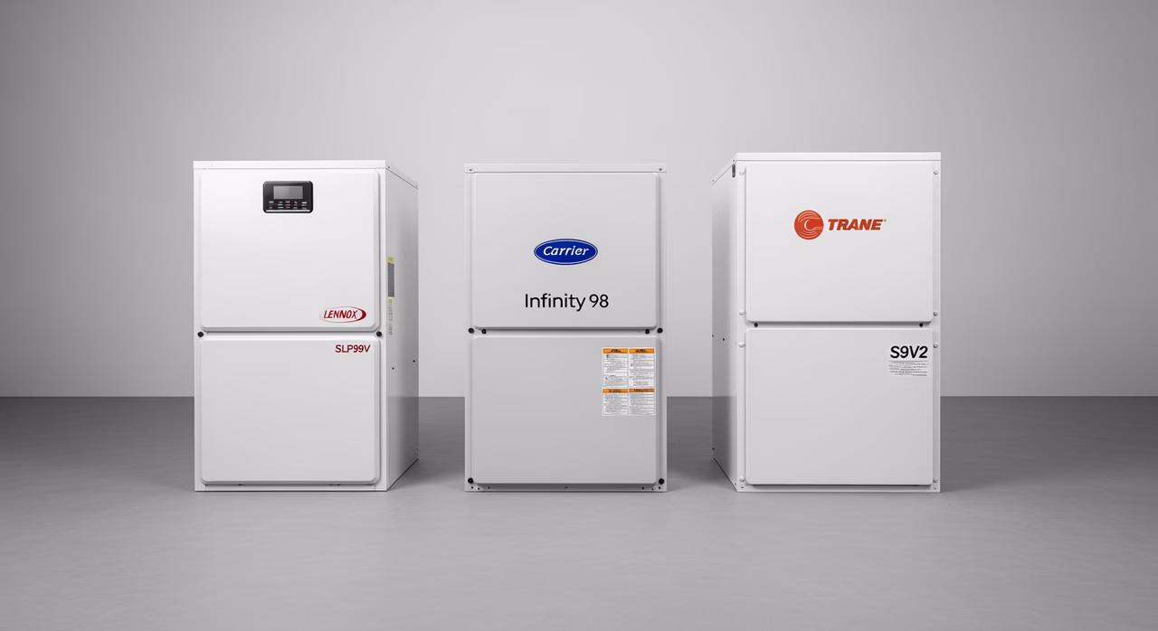Lennox SLP99V, Carrier Infinity 98, and Trane S9V2 furnace models compared on display board