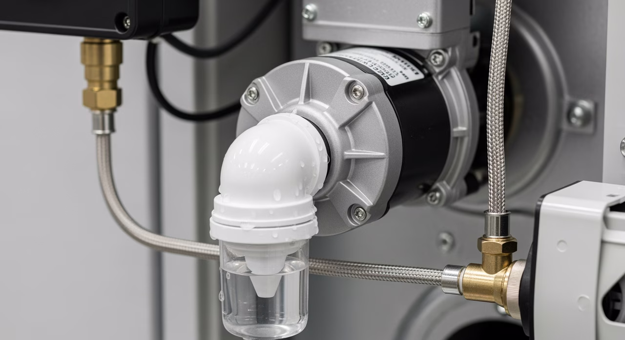 Close-up of modulating furnace inducer motor, PVC vent, and condensate trap finished install
