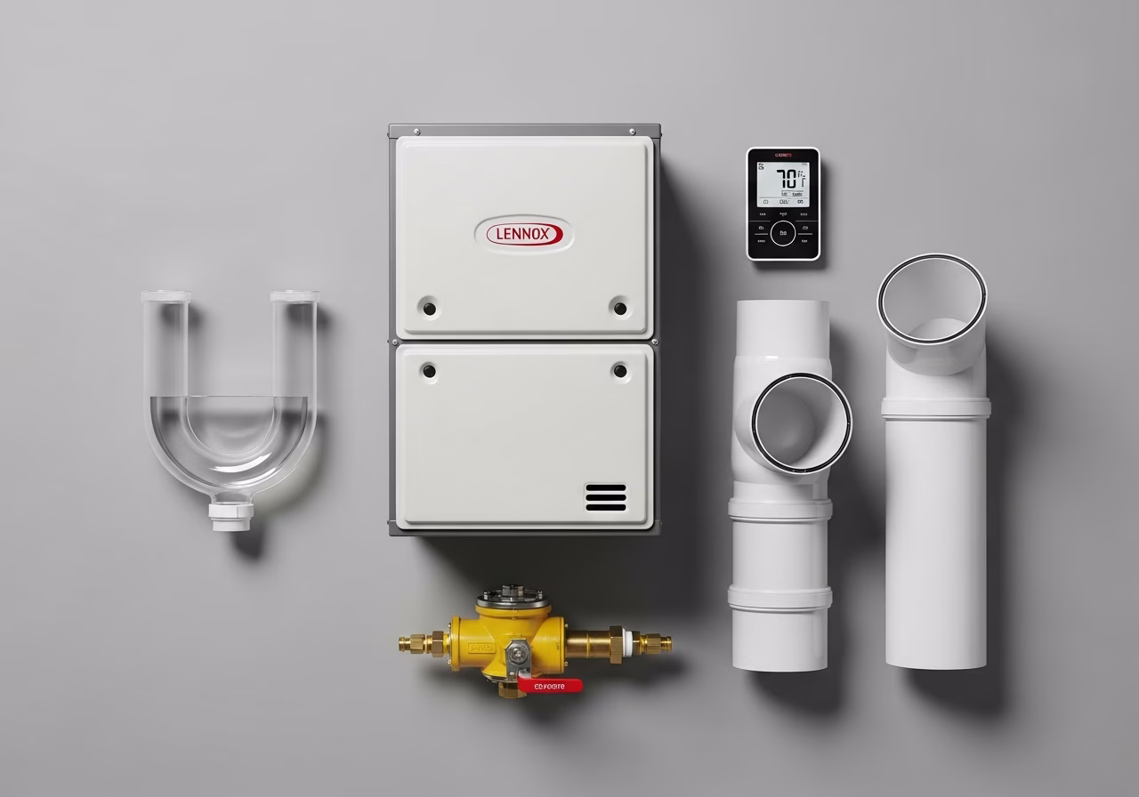 Furnace install components — Lennox unit, PVC vent, gas shut-off, thermostat