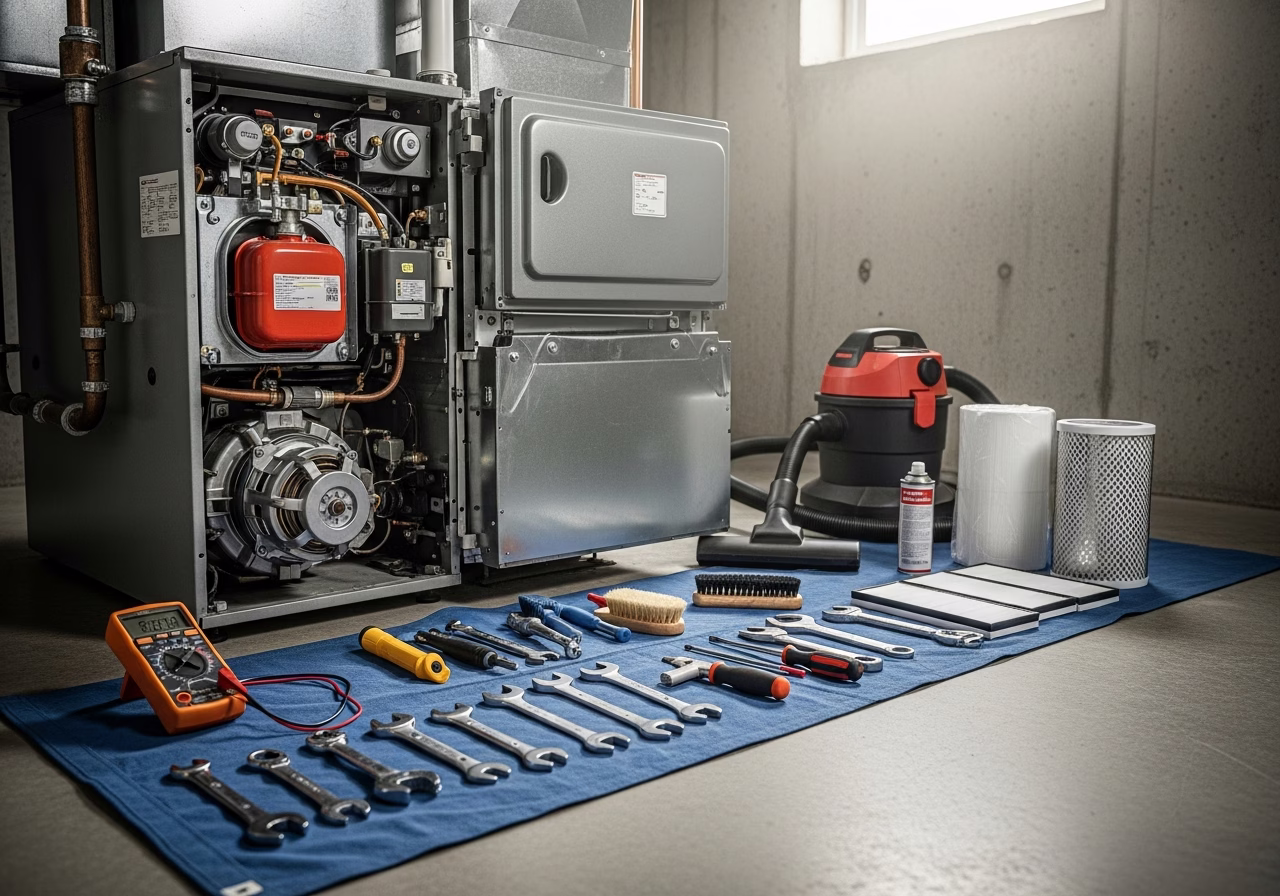 Furnace Tune-Up & Maintenance in progress: tools, materials, and protective floor covering staged for a Toronto HVAC and ener
