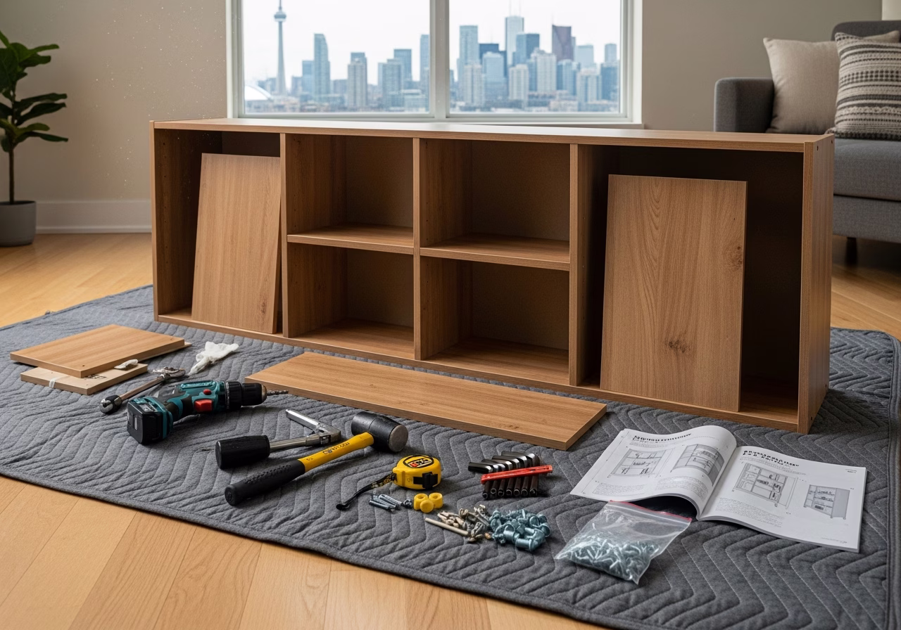Furniture Assembly in progress: tools, materials, and protective floor covering staged for a Toronto furniture assembly