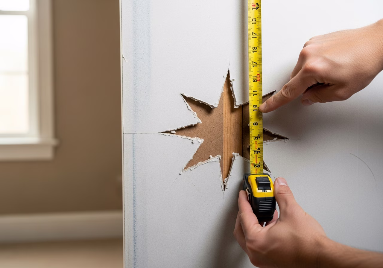 Contractor measuring furniture impact hole on drywall for accurate California-patch sizing