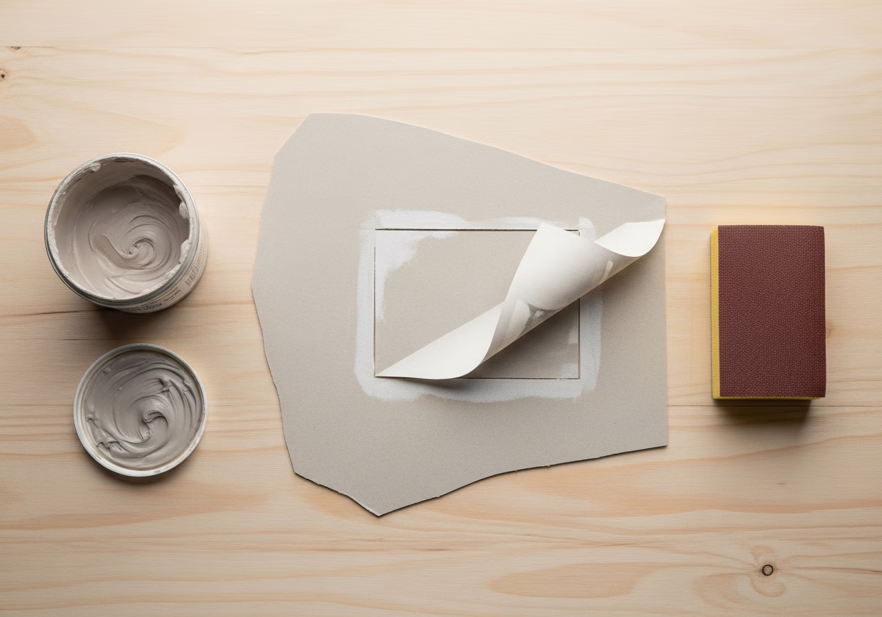 California-patch technique tools — drywall scrap with paper flap, mud, sanding sponge