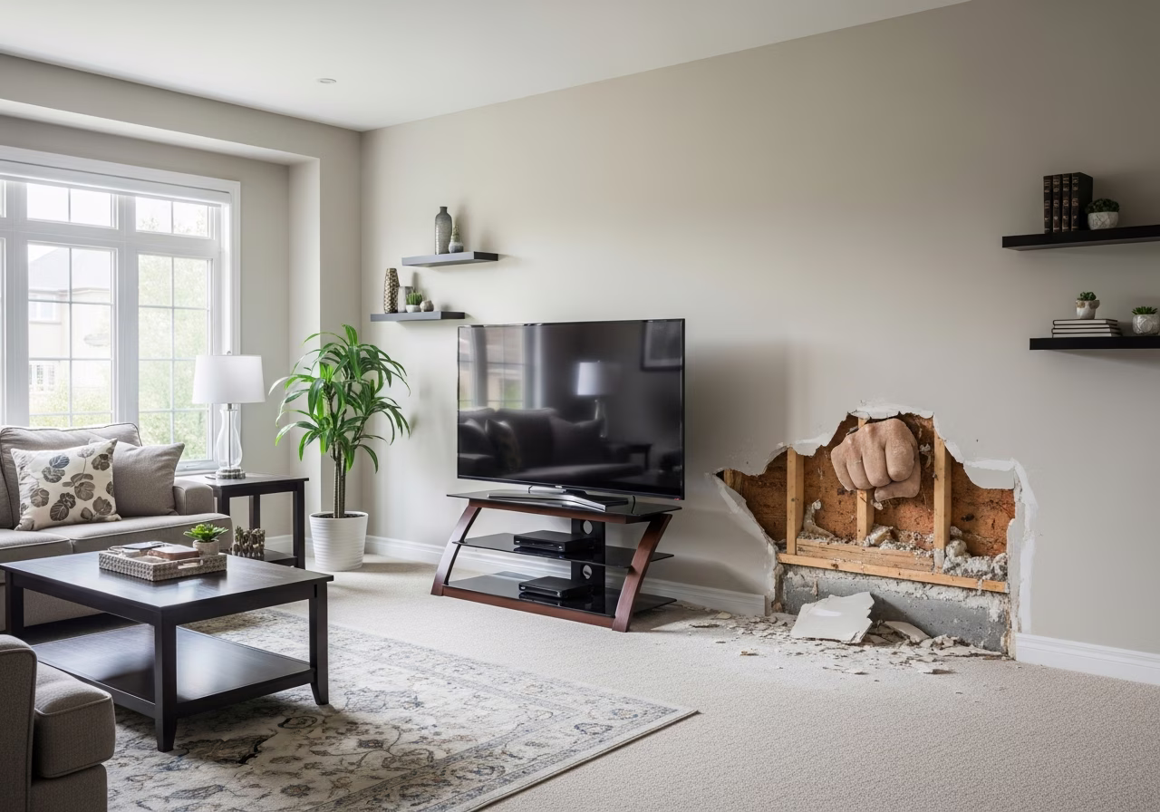 Furniture impact hole repair in Mississauga suburban family room behind TV stand