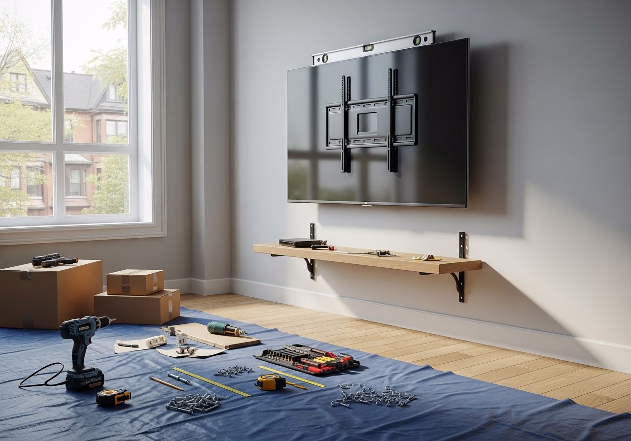 TV Mounting & Shelf Installation tools and materials staged in Toronto home
