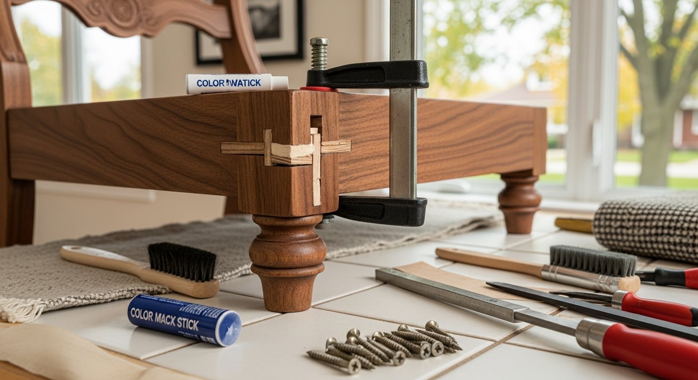 Detail view of a furniture repair job finished in Oshawa — expert craftsmanship