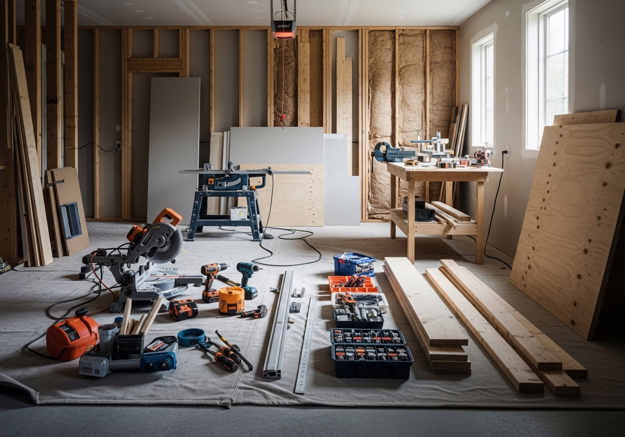 Garage Workshop Buildout in progress: tools, materials, and protective floor covering staged for a Toronto home renovation