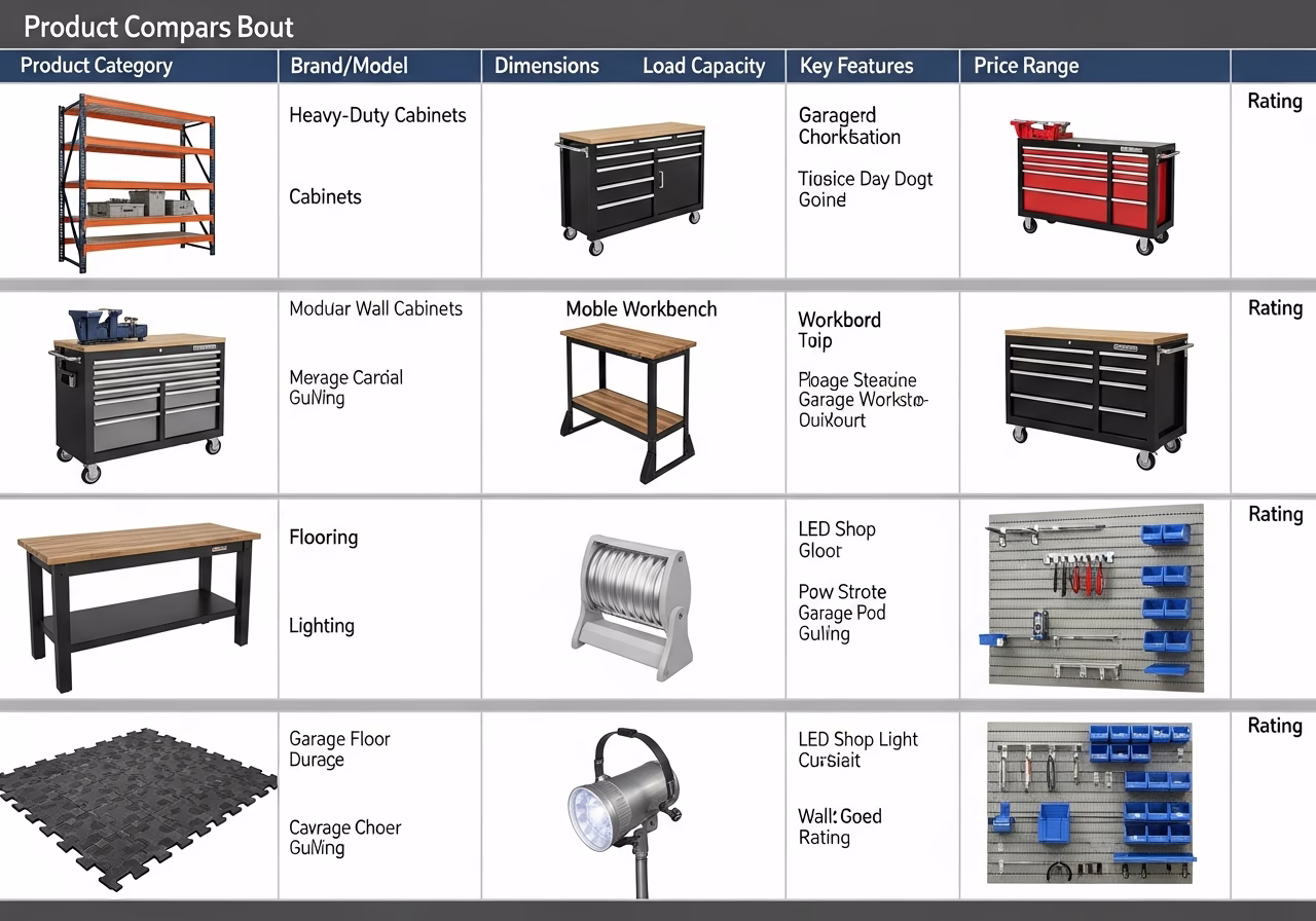 Side-by-side product and material comparison for garage workshop buildout — typical brands and finishes used in Toronto home 