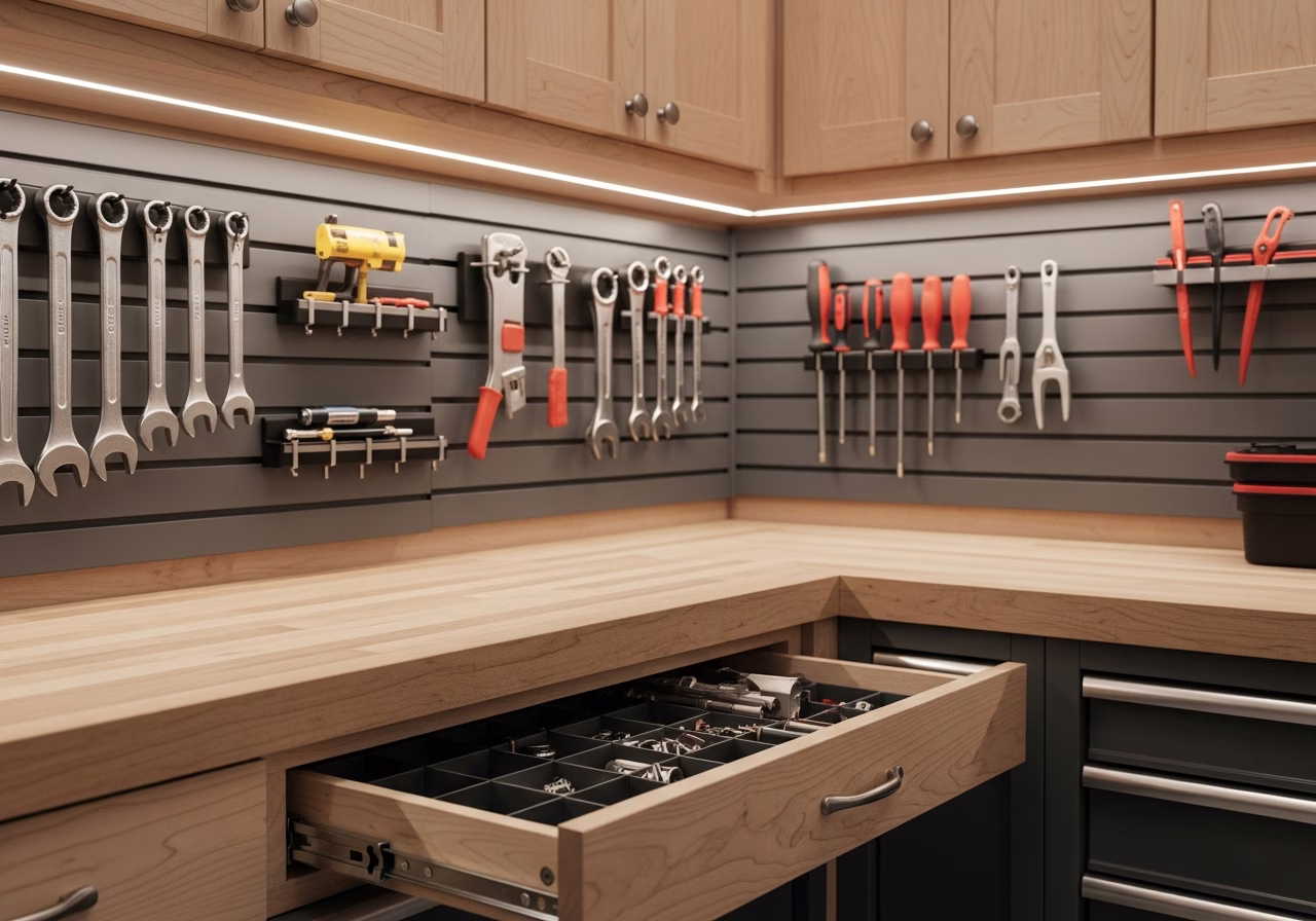 Close-up detail of professionally completed garage workshop buildout showing craftsmanship and finish quality