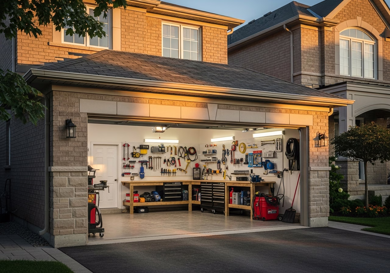 Finished garage workshop buildout result in a Toronto/GTA home, photographed in natural light