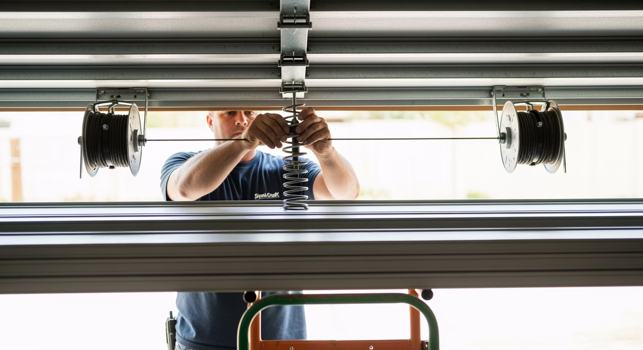 Toronto garage-door installer threading torsion-spring shaft into Steel-Craft Esteem insulated steel garage-door panel system above the header, panels stacked on hand-truck, drum-and-cable assembly on each side, 16x7 single-bay opening