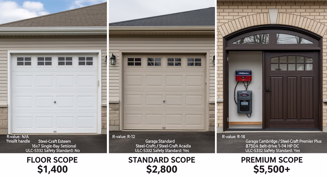 Three Toronto garage-door tiers compared: floor Steel-Craft Esteem non-insulated 24-gauge steel manual lift at $1,400, standard Steel-Craft Acadia insulated R-12 polyurethane Lift Master 84602 belt-drive 1/2 HP myQ at $2,800, premium Garaga Cambridge carriage-house R-18 full-view glass Lift Master 87504 DC at $5,500+
