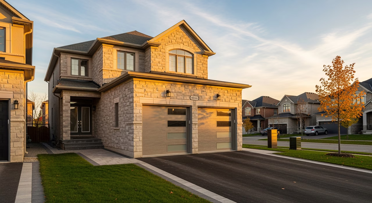 Toronto Markham 2010s detached two-storey home with double-bay garage and stone-veneer facade on suburban street at golden hour where insulated Garaga Cambridge carriage-house doors with full-view glass and Lift Master DC openers commonly run $5,500+ per bay
