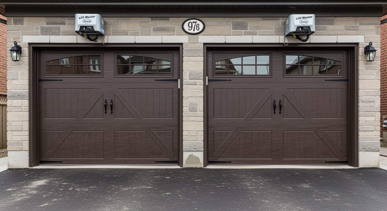 Completed Toronto double-bay garage with newly-installed Garaga Cambridge carriage-house insulated doors in factory dark-bronze, full-view tempered glass top section, decorative handle and hinge hardware, paired Lift Master 87504 belt-drive DC openers