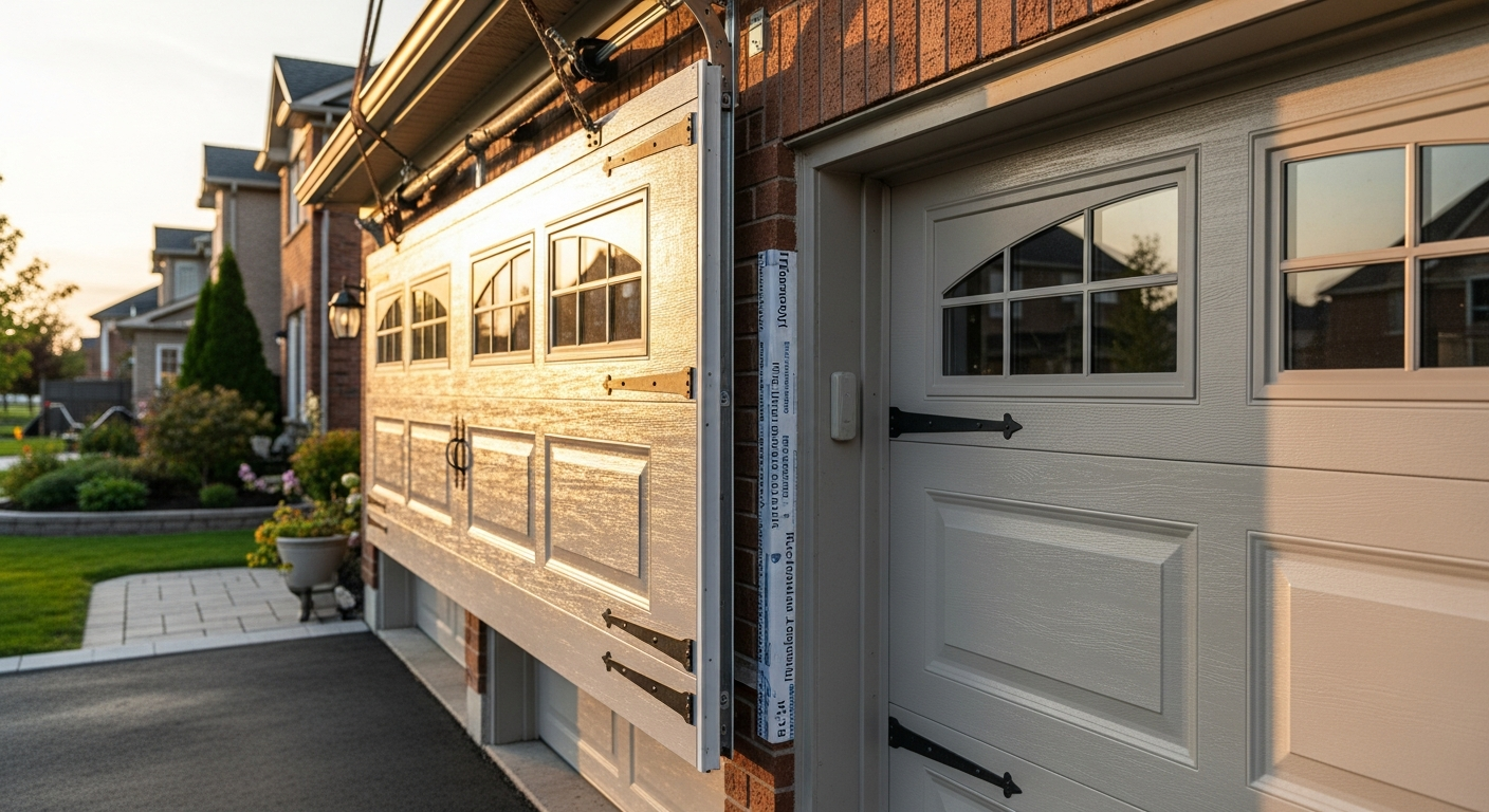 Editorial detail of a Clarington garage door installation install — visible quality finish