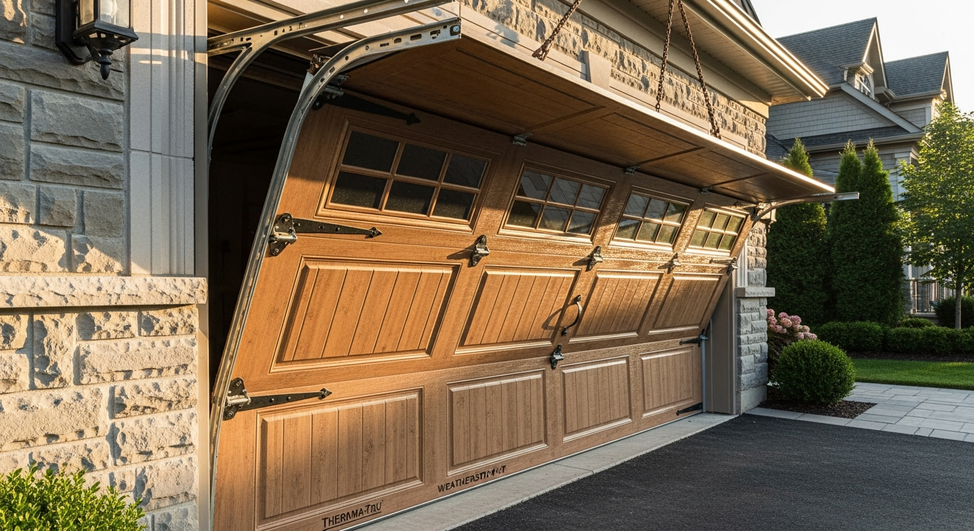 Close-up of professional garage door installation work delivered in Oakville