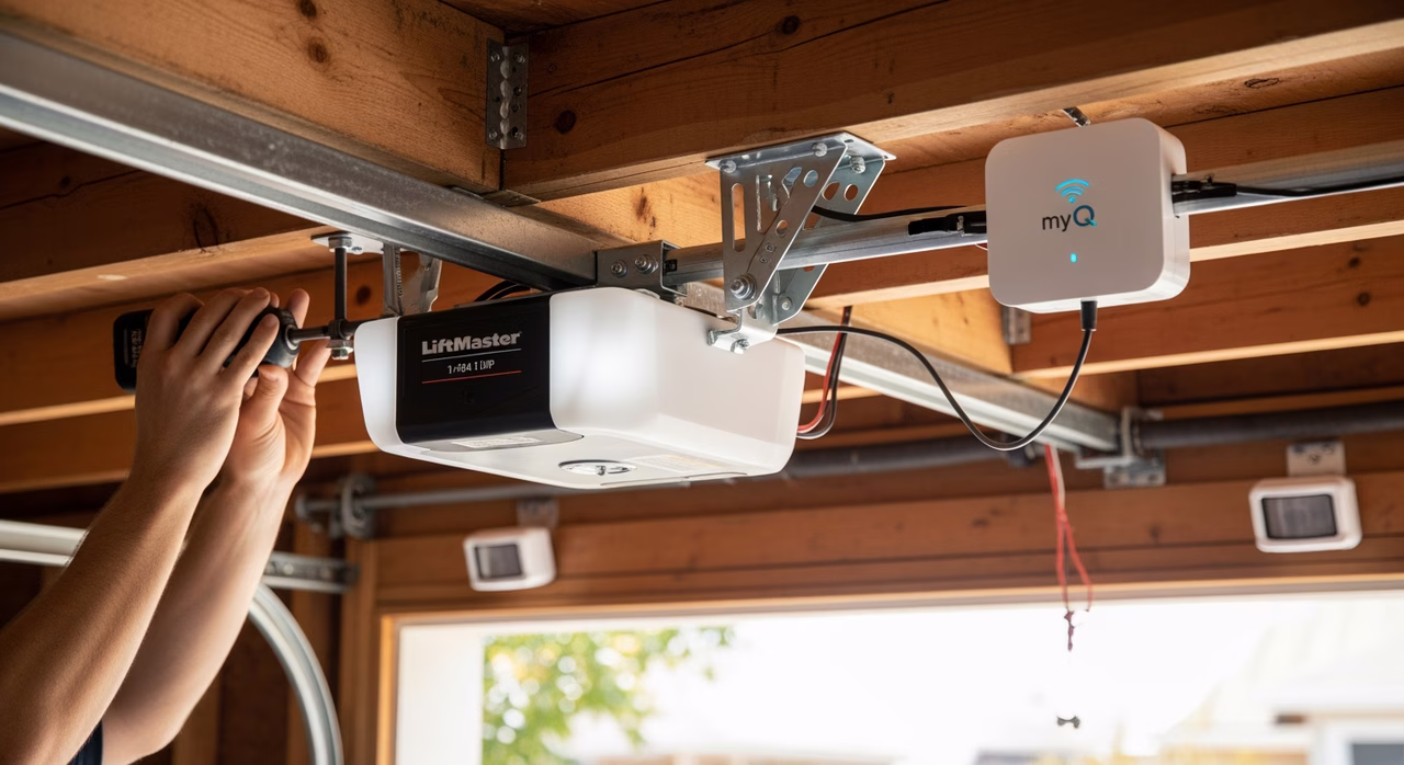 Toronto garage-door-opener installer mounting Lift Master 87504 belt-drive 1-1/4 HP DC motor head to ceiling rafters with lag-bolts, T-rail and trolley assembly running from motor head to header-mounted bracket, safety-eye photo-sensors 6 inches off floor, myQ smart-home Wi-Fi hub LED