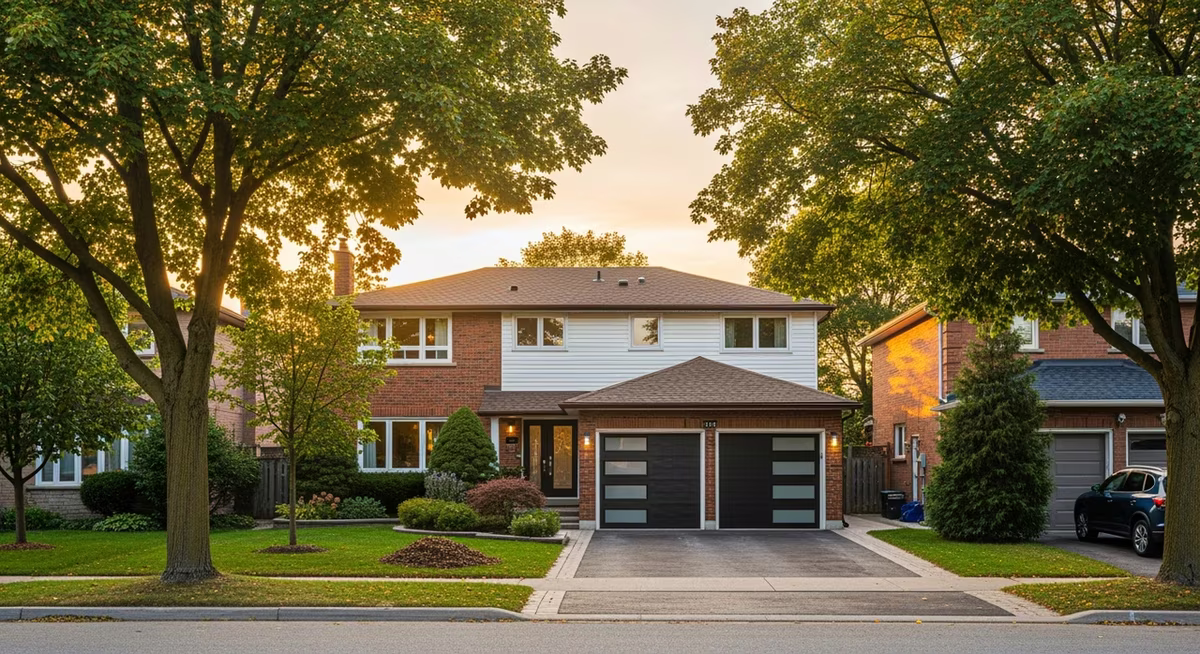 Toronto Etobicoke 1980s detached two-storey home with double-bay garage and mature trees on family street at golden hour where typical opener upgrades replace 20-30 year aging Genie or Chamberlain chain-drive with modern Lift Master 84602 belt-drive