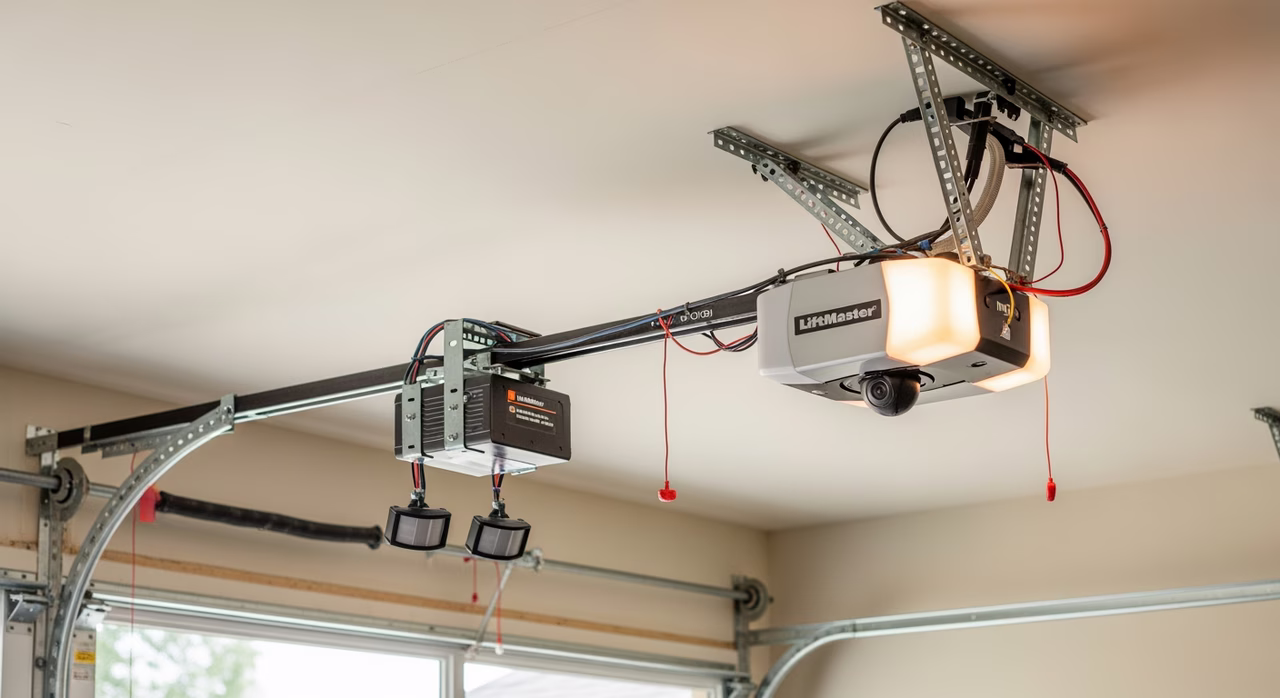 Completed Toronto garage ceiling with newly-installed Lift Master 87504 belt-drive 1-1/4 HP DC opener motor head, T-rail trolley running to header, integrated myQ smart-camera on motor housing, safety-eye photo-sensors at door base, battery backup module