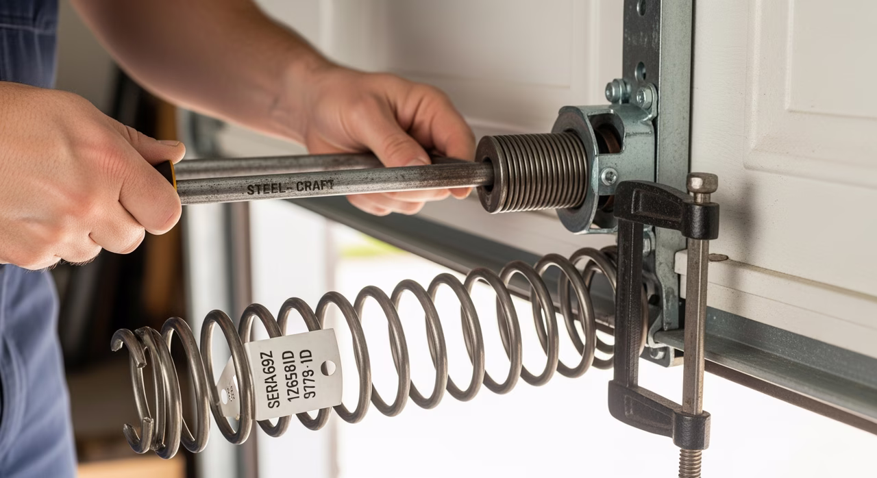 Toronto garage-door-repair specialist replacing broken torsion-spring on Steel-Craft Esteem garage door, winding bars inserted into spring cone for controlled tension release and re-wind, new replacement spring with serial-number ID tag, c-clamp on track for door-position-lock