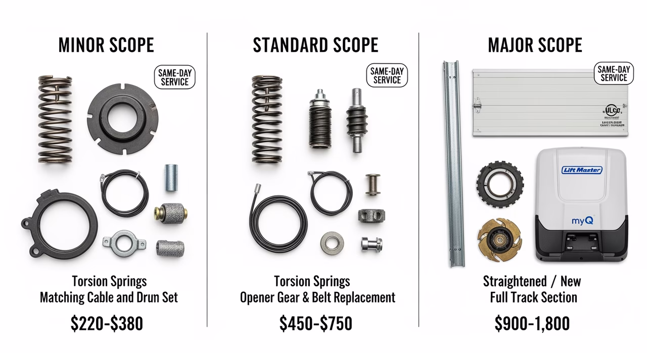 Three Toronto garage-door-repair tiers compared: minor scope single spring drum-and-cable roller hinge at $220-$380, standard full spring system cable-and-drum opener gear-and-belt at $450-$750, major scope panel replacement full track straighten full opener swap at $900-$1,800