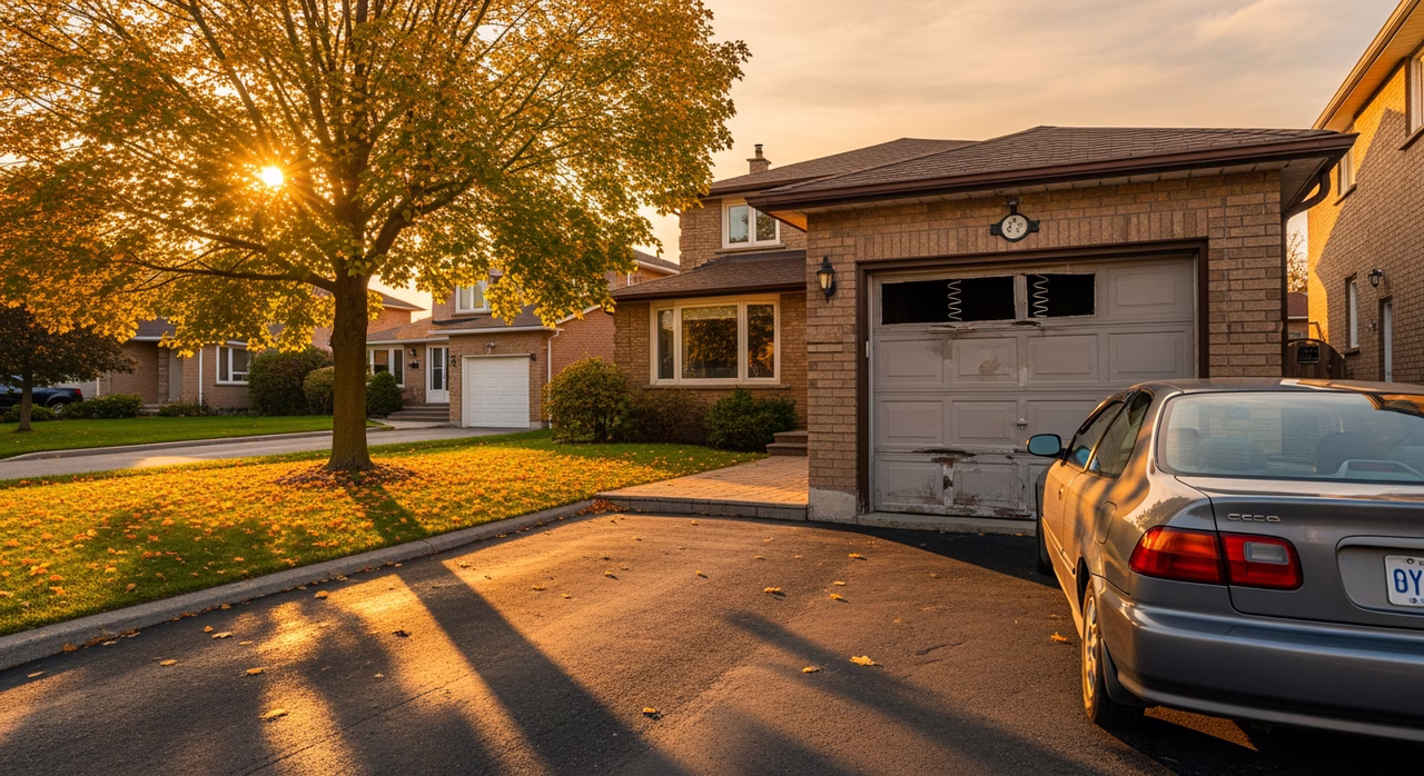 Toronto Richmond Hill 1990s detached two-storey home with single-bay garage and mature trees on family street at golden hour where 25-30 year scopes include broken torsion-spring from cold-snap freeze-cycle worn roller and aging opener replacement