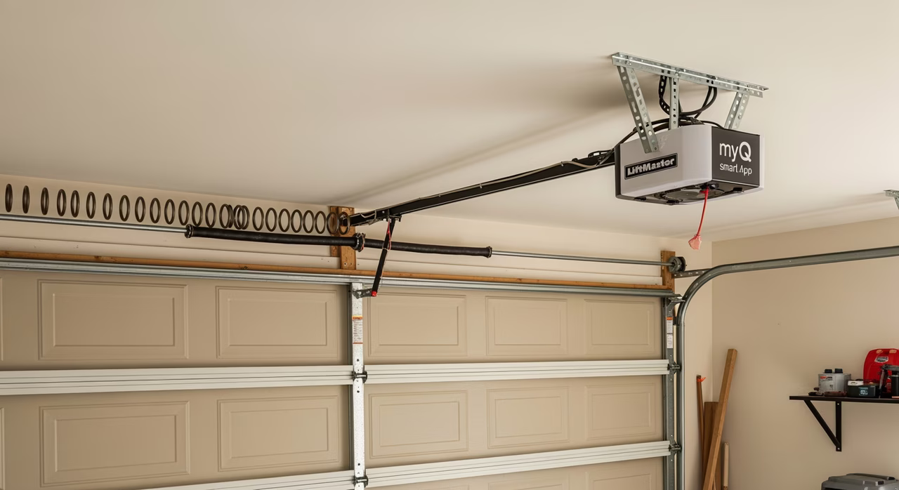 Completed Toronto single-bay garage after repair showing newly-installed pair of torsion-springs above header, smooth panel operation, new nylon rollers in track, fresh Lift Master 84602 belt-drive opener with myQ smart-app