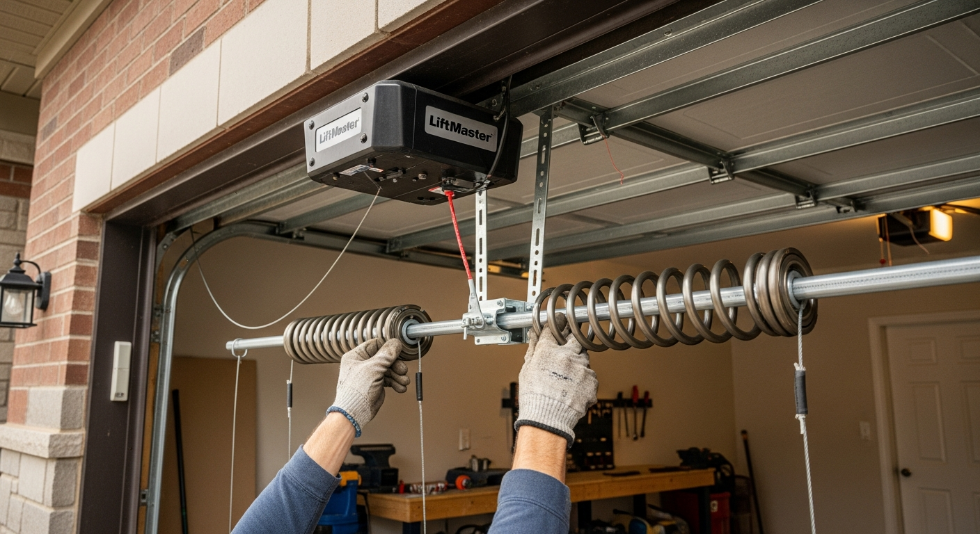 Close-up of professional garage door repair work delivered in East Gwillimbury