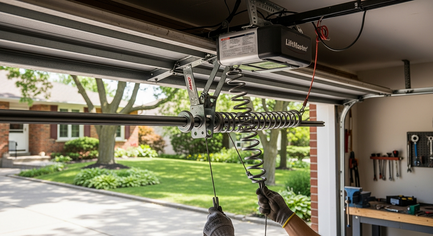 Close-up of professional garage door repair work delivered in Pickering
