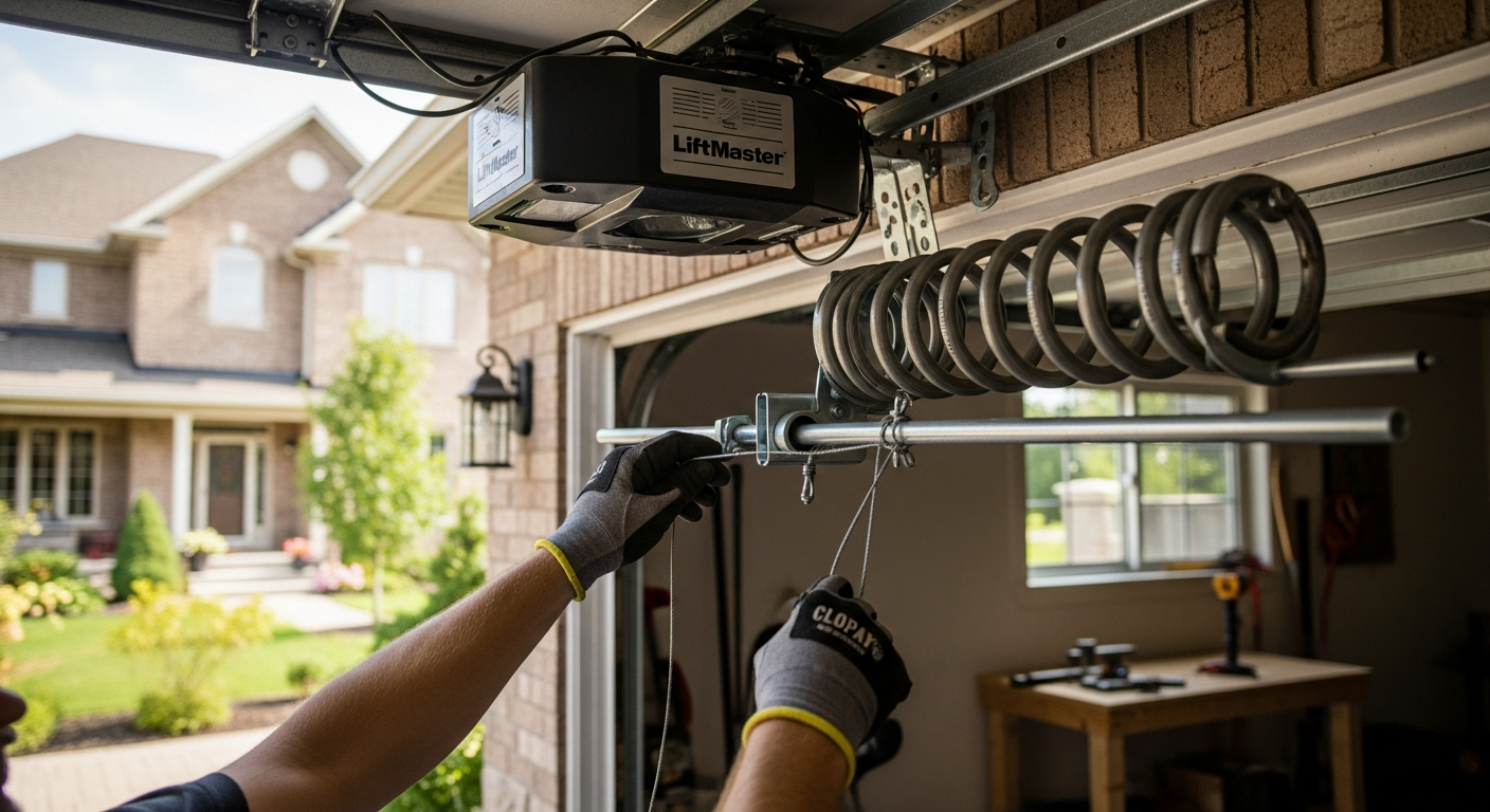 Close-up of professional garage door repair work delivered in Uxbridge