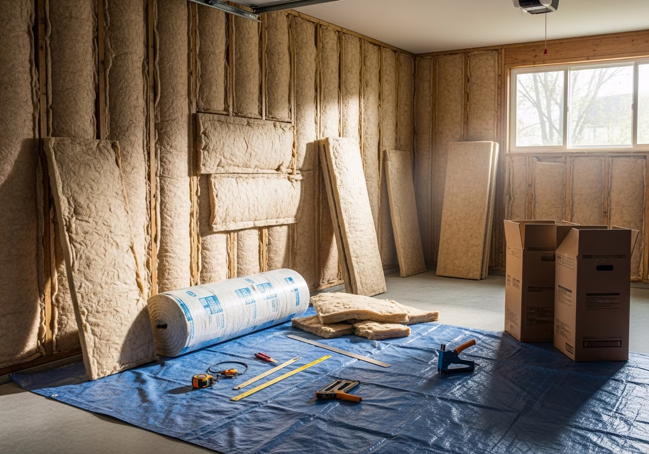 Garage Insulation in progress: tools, materials, and protective floor covering staged for a Toronto HVAC and energy retrofit