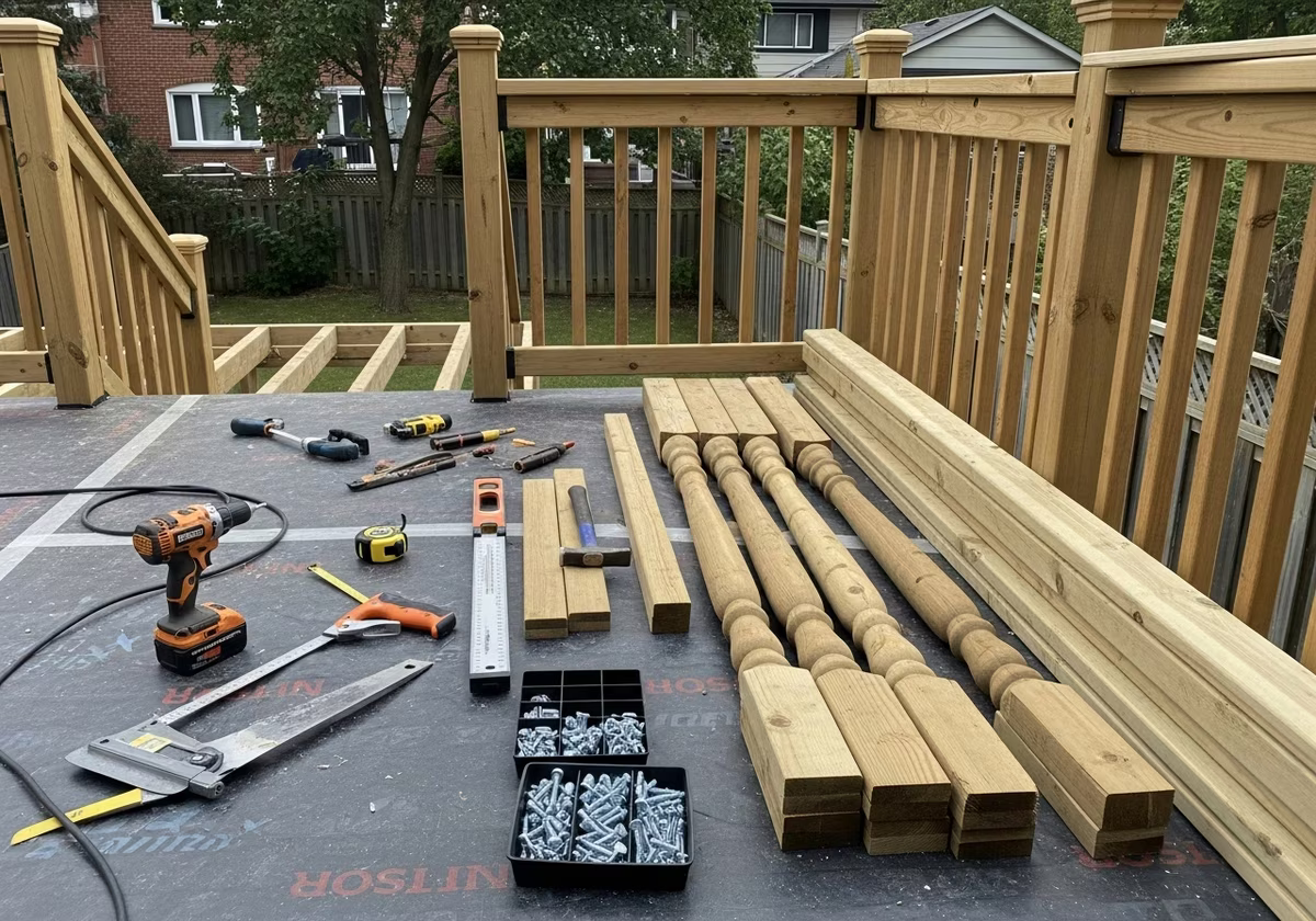 Deck Railing Replacement tools and materials staged in Toronto home
