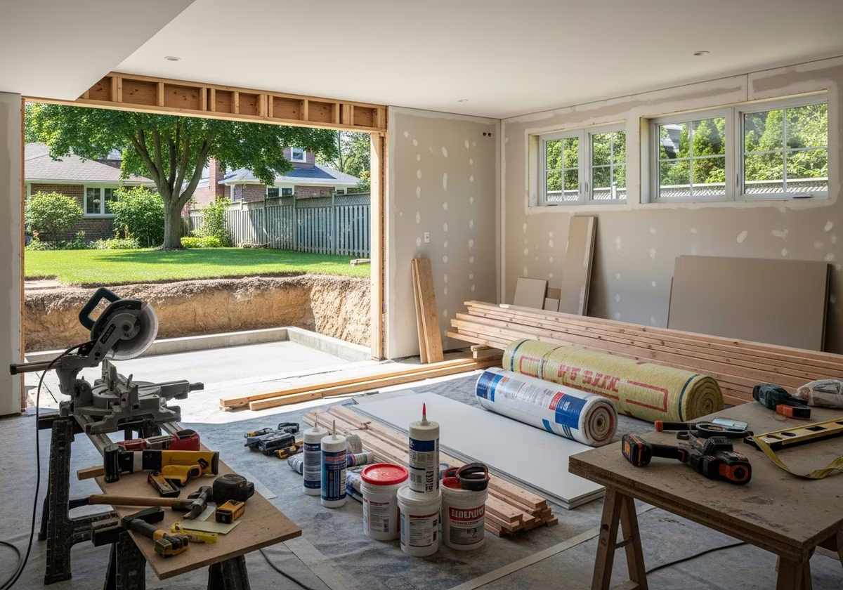 Walkout Basement Creation tools and materials staged in Toronto home