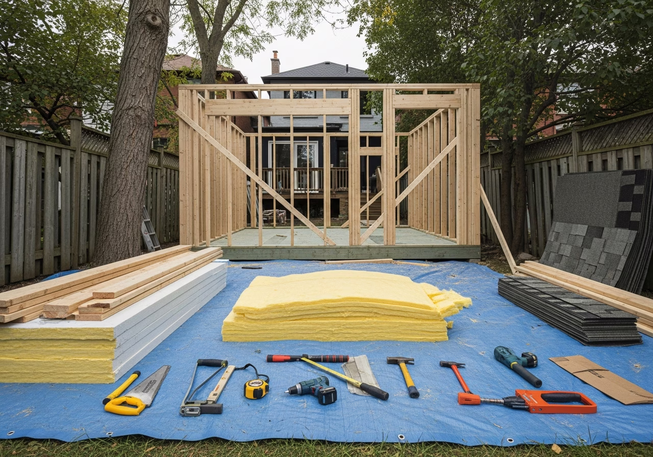 Garden Suite Construction in progress: tools, materials, and protective floor covering staged for a GTA ARU conversion projec