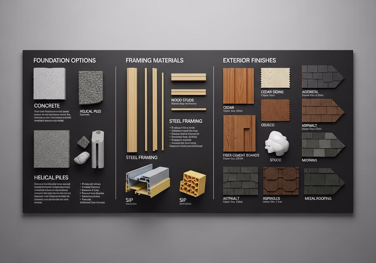 Side-by-side product and material comparison for garden suite construction — typical brands and finishes used in GTA ARU conv