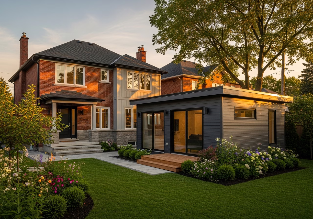 Finished garden suite construction result in a Toronto/GTA home, photographed in natural light