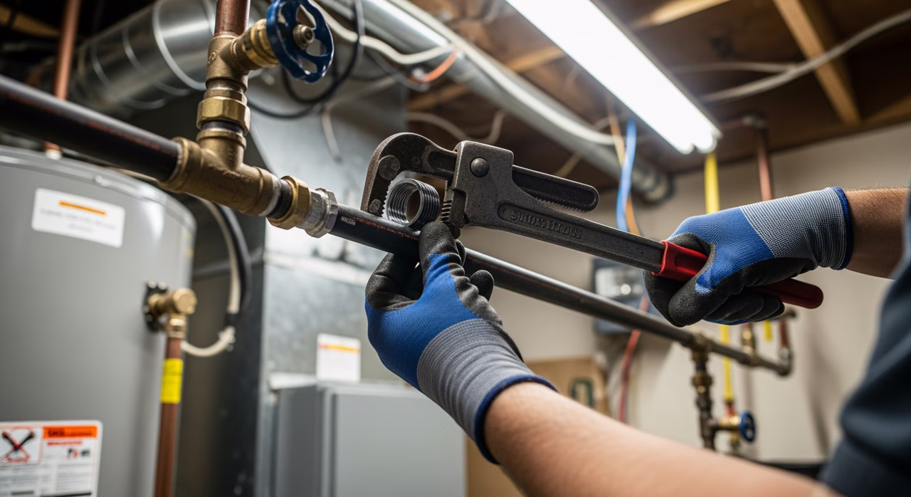TSSA G2 gas fitter running new black iron gas line to kitchen gas range in Toronto detached home