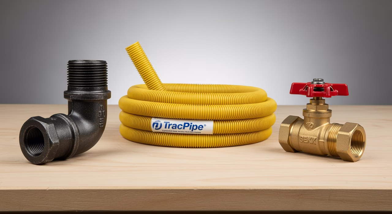 Black iron pipe, TracPipe CSST yellow corrugated tubing, and shutoff valve samples on workbench